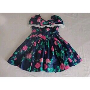 Vtg 1980s Girls Floral Party Dress Navy Pink Roses Lace Trim Full Skirt Sz 3T